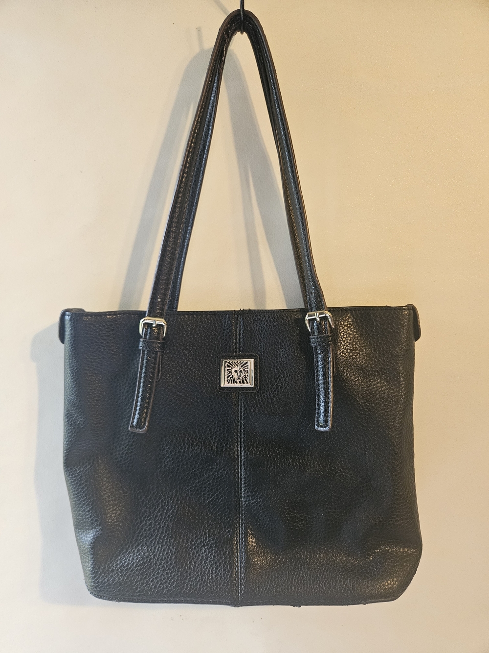 Anne Klein Black Leather Tote Bag with Silver Accent